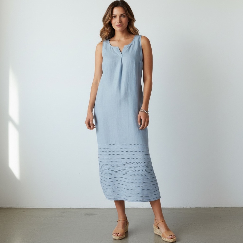 Pure Jill 100% Linen Embroidered Blue Sleeveless Woman's M Maxi Dress‎